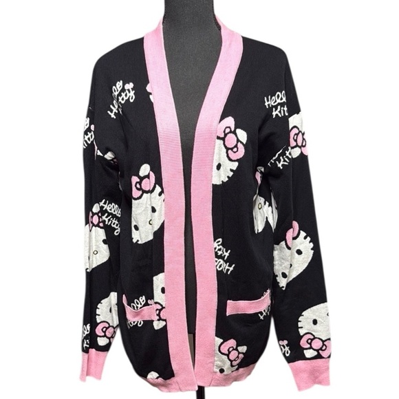 Hello Kitty Black and Pink Open Front Cardigan Sweater - Picture 2 of 10